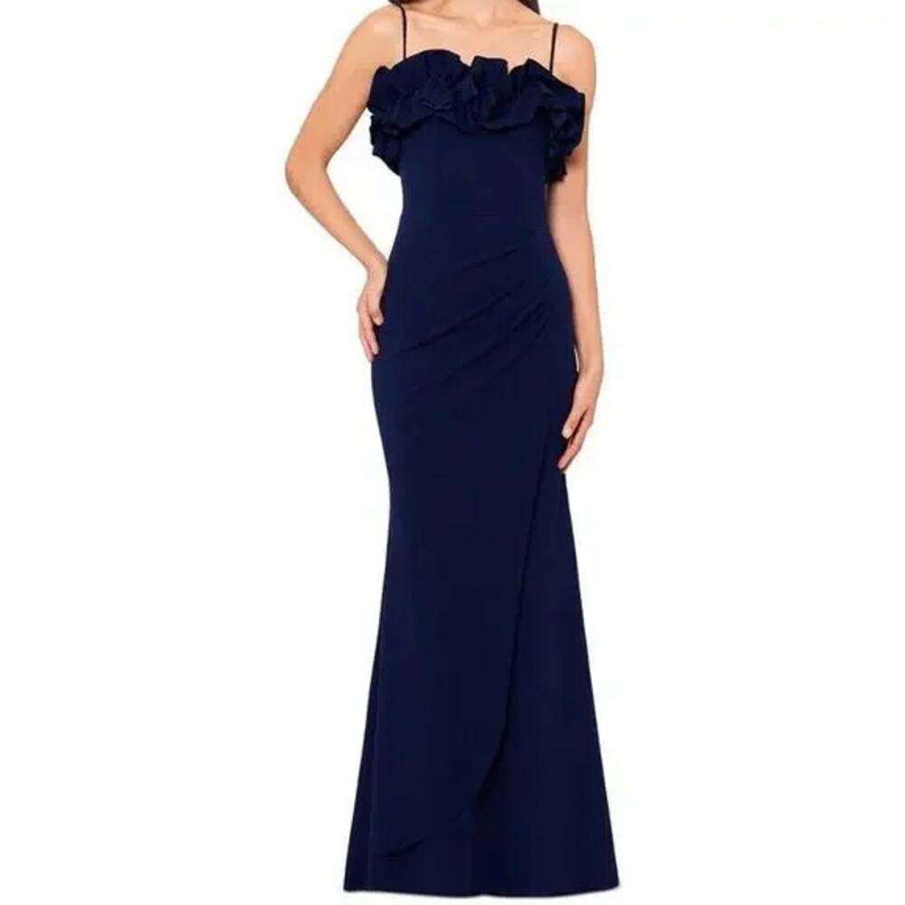 Xscape Ruffled Scuba Crepe Gown Dress Navy Formal Minimalist NWT 12